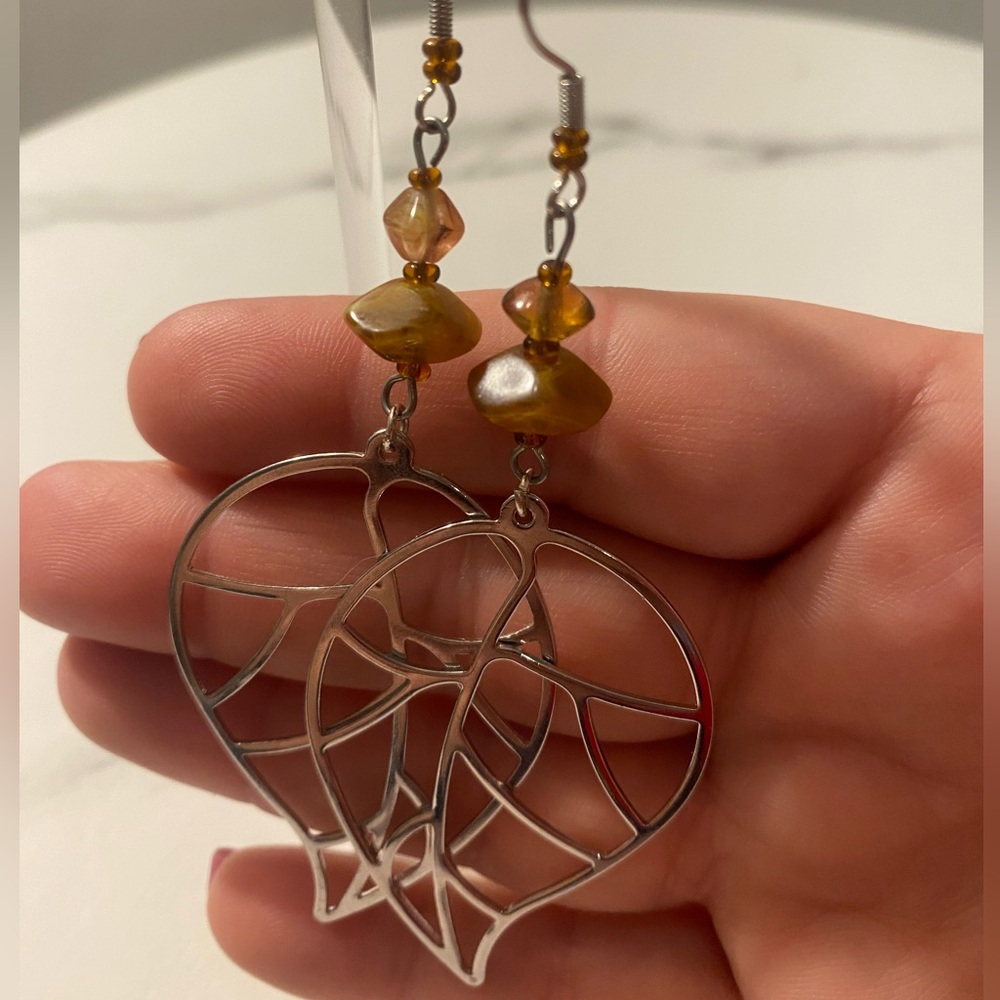 Amber and Glass Leaf Earrings - Picture 7 of 8